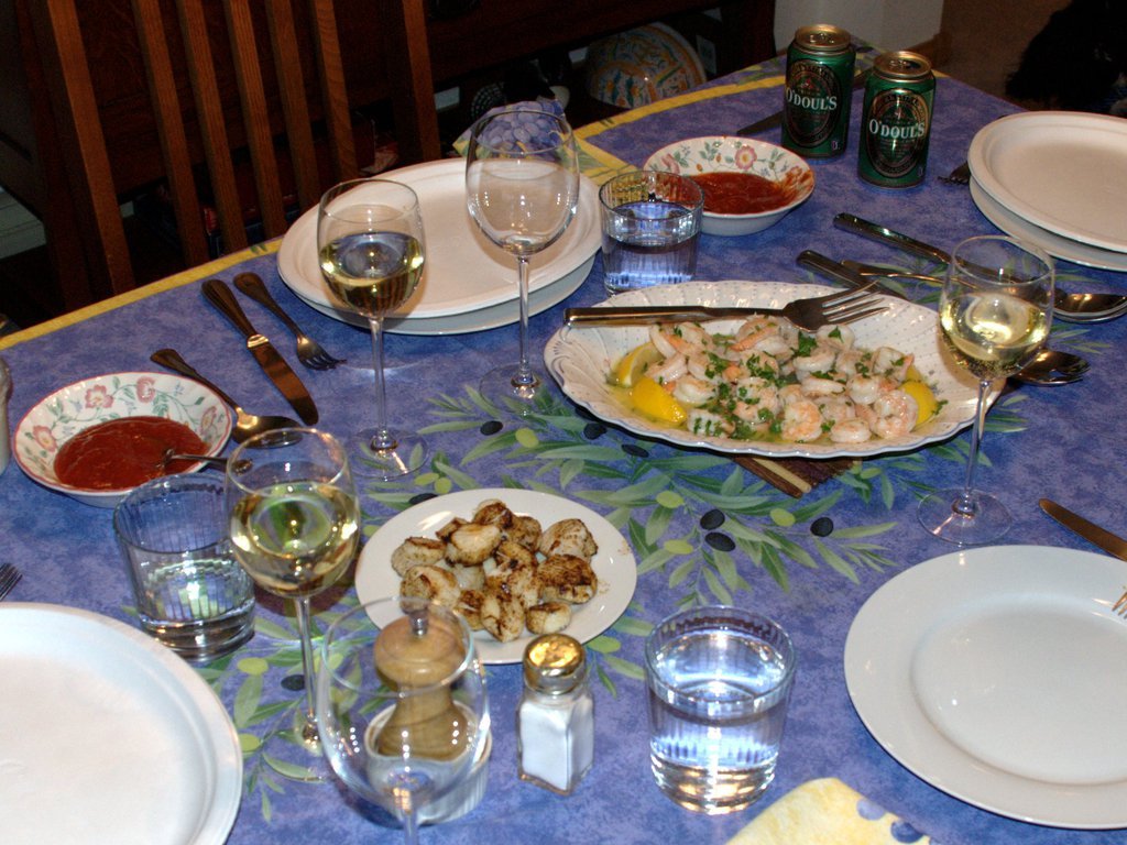 Blackened scallops and shrimp scampi (third and fourth courses)