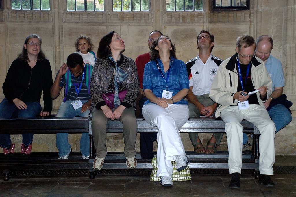 Lauren, Eve, et. al., admiring the ceiling of The Divinity School at The Bodleian
