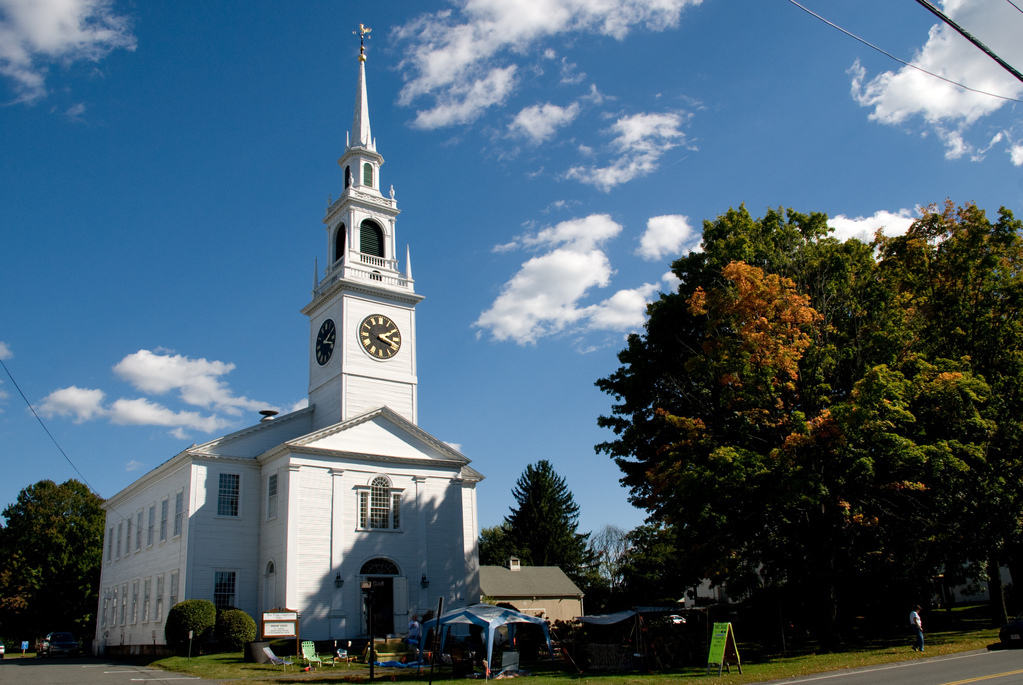 New England church in the autumn sun