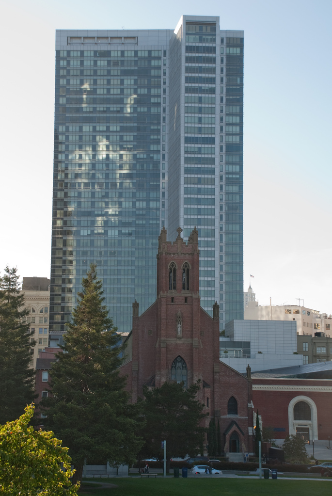 Church and reflections from Yerba Buena Gardens