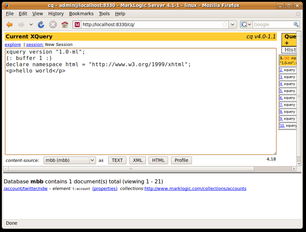 CQ shows the database with one document