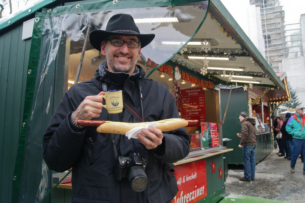 My new hat, glühwein, and a ½ meter sausage!
