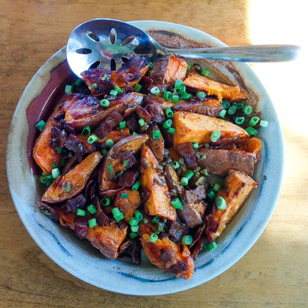 Roasted sweet potatoes with bacon vinaigrette