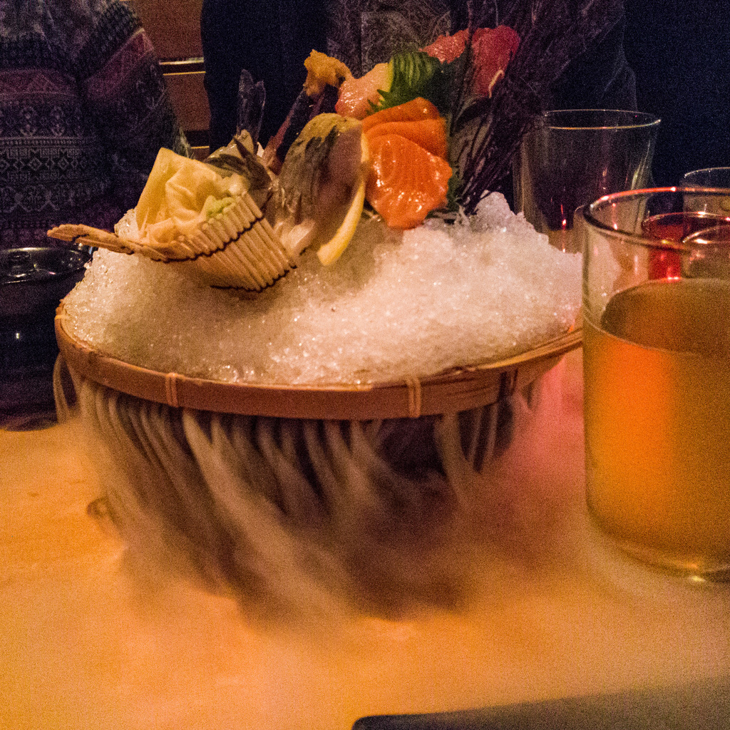 Sushi on ice. Dry ice.