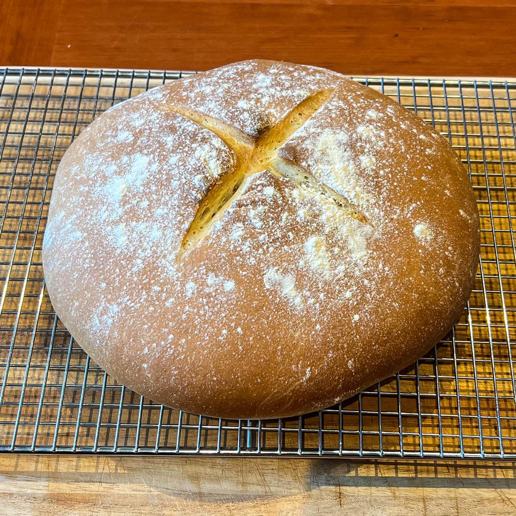 A plain, white loaf of bread golden brown and fresh from the oven.