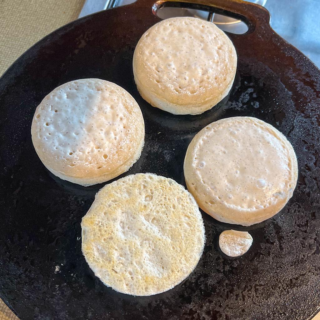 Sourdough crumpets with the rings removed after about 10 minutes.