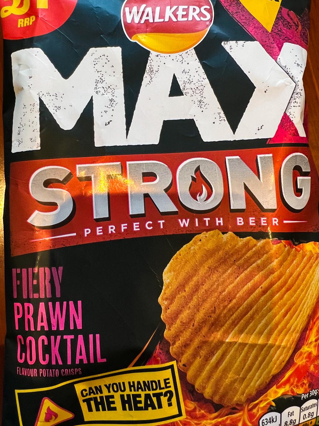 Photograph of a bag of Walkers MAX STRONG (Perfect with Beer) “Fiery Prawn Cocktail” crisps.