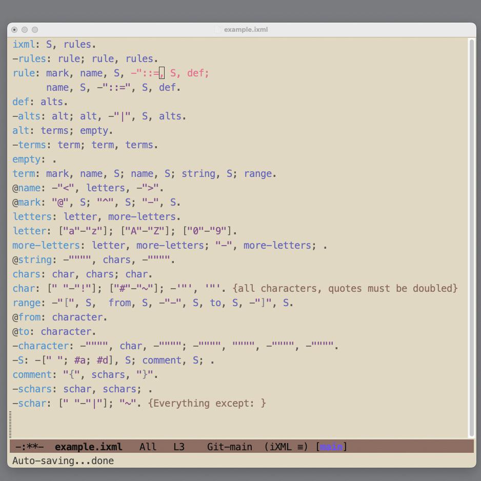 An example iXML grammar in Emacs with tree-sitter based syntax highlighting.