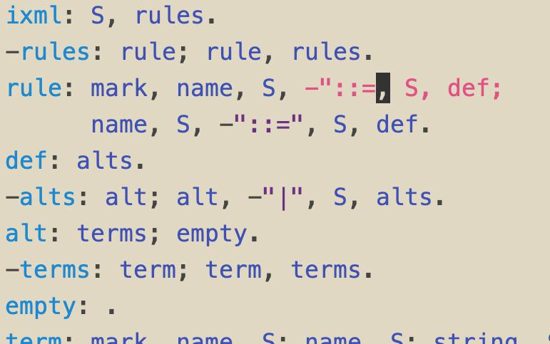 An example iXML grammar in Emacs with tree-sitter based syntax highlighting. (Zoomed in)